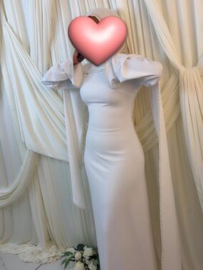Modest White Maxi Dress with Draped Sleeve Detail
